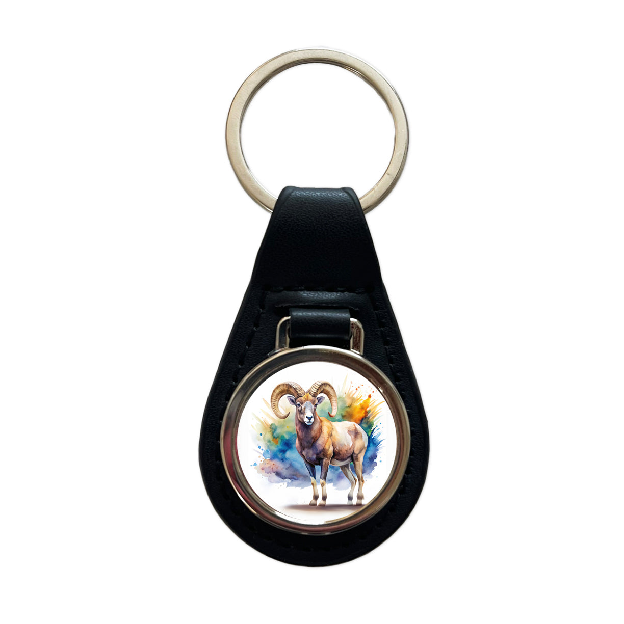 Bighorn Sheep Watercolor Design Black Leather Metal Keychain