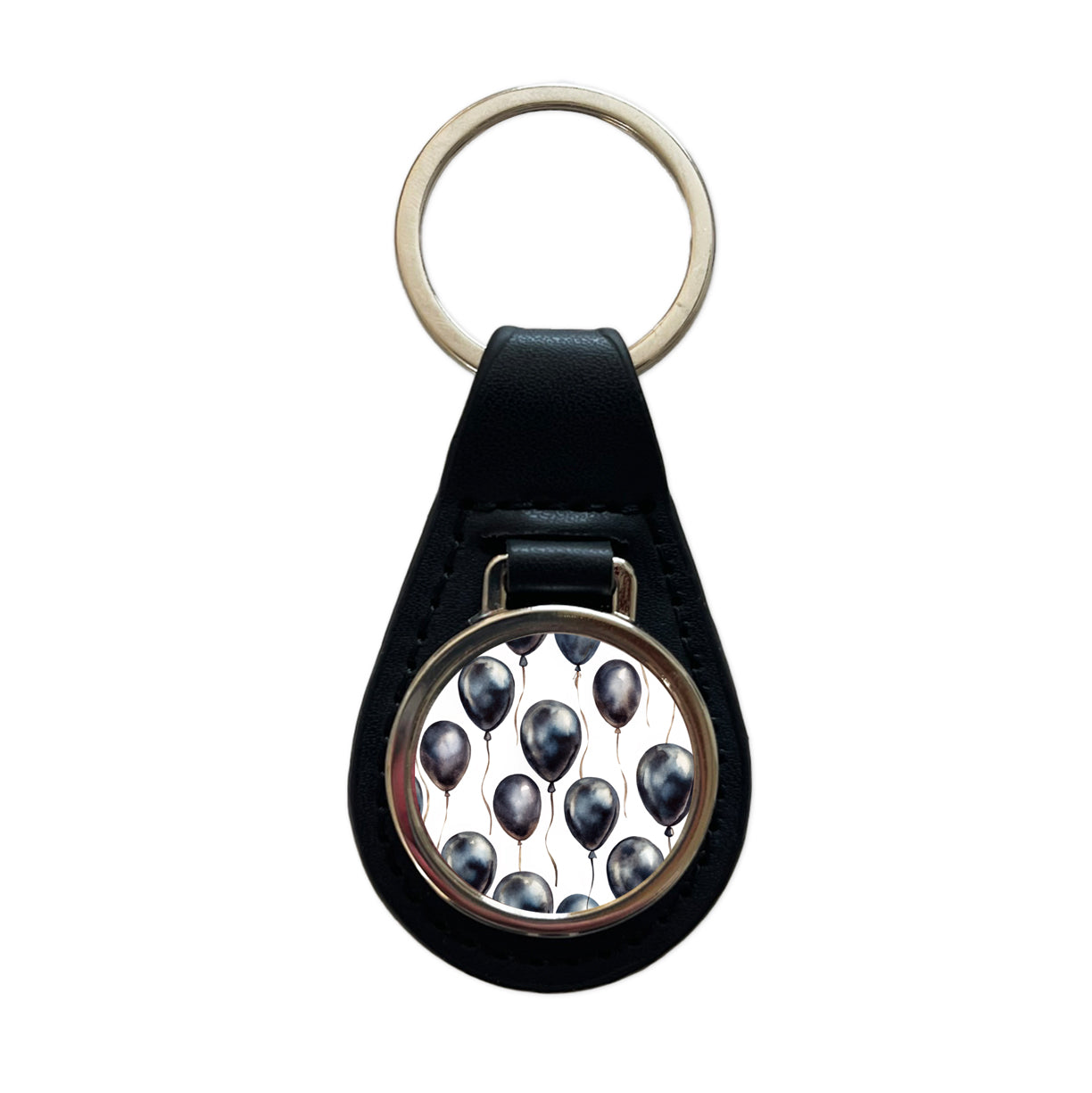 Black Balloons Watercolor Black Leather Metal Keychain