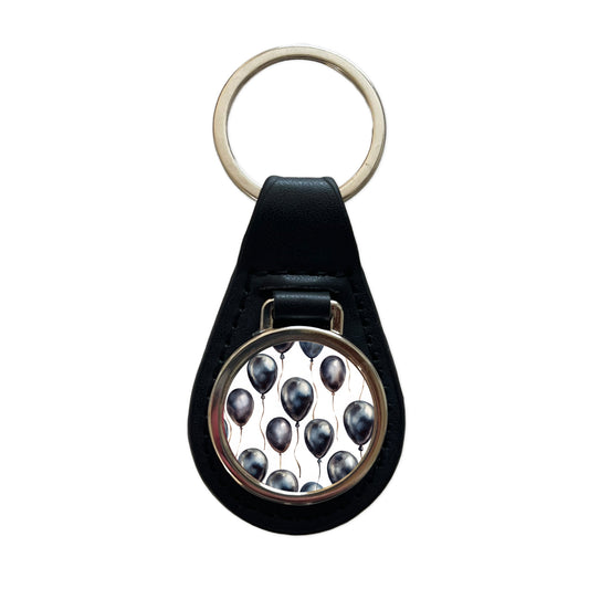 Black Balloons Watercolor Black Leather Metal Keychain