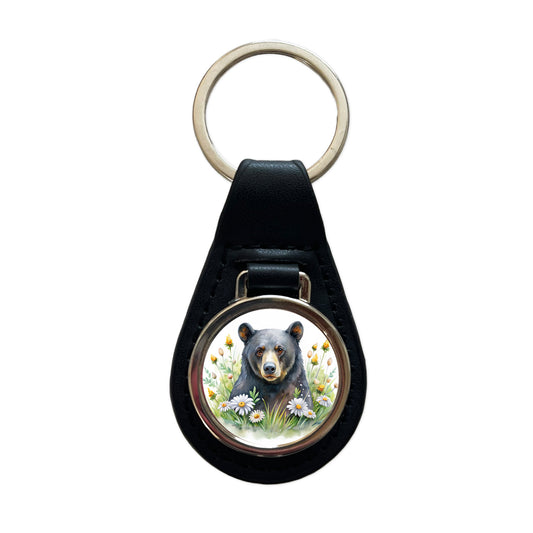 Black Bear Watercolor Design With Daisies Black Leather Metal Keychain