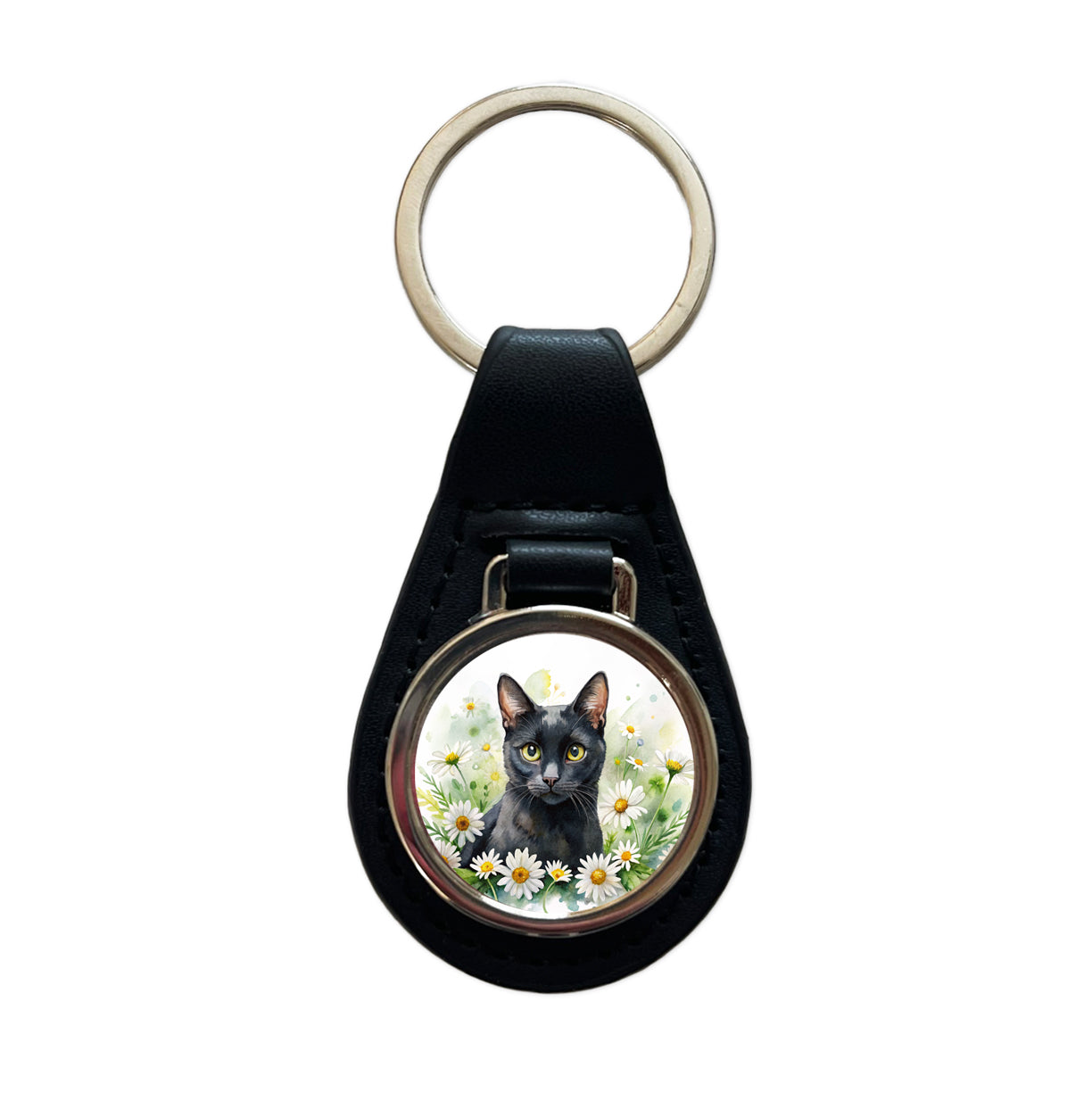 Black Cat Watercolor Design With Daisies Black Leather Metal Keychain