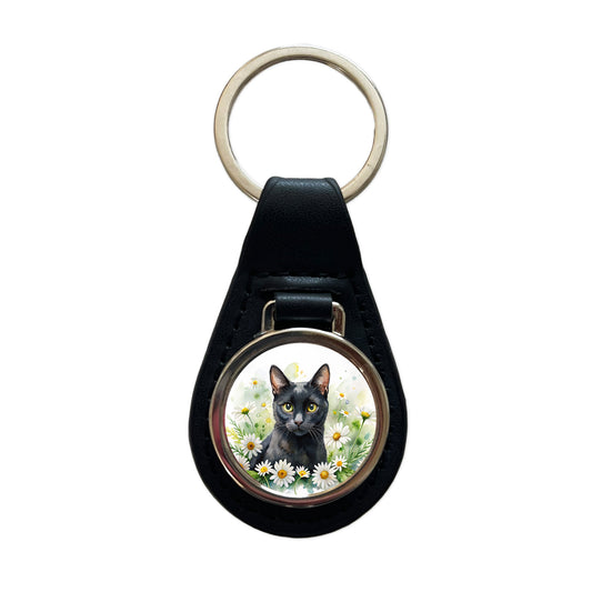 Black Cat Watercolor Design With Daisies Black Leather Metal Keychain