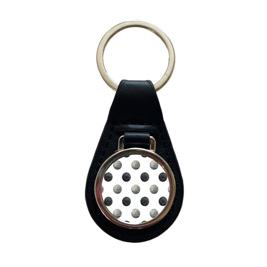 Black Polka Dots White Background Black Leather Metal Keychain
