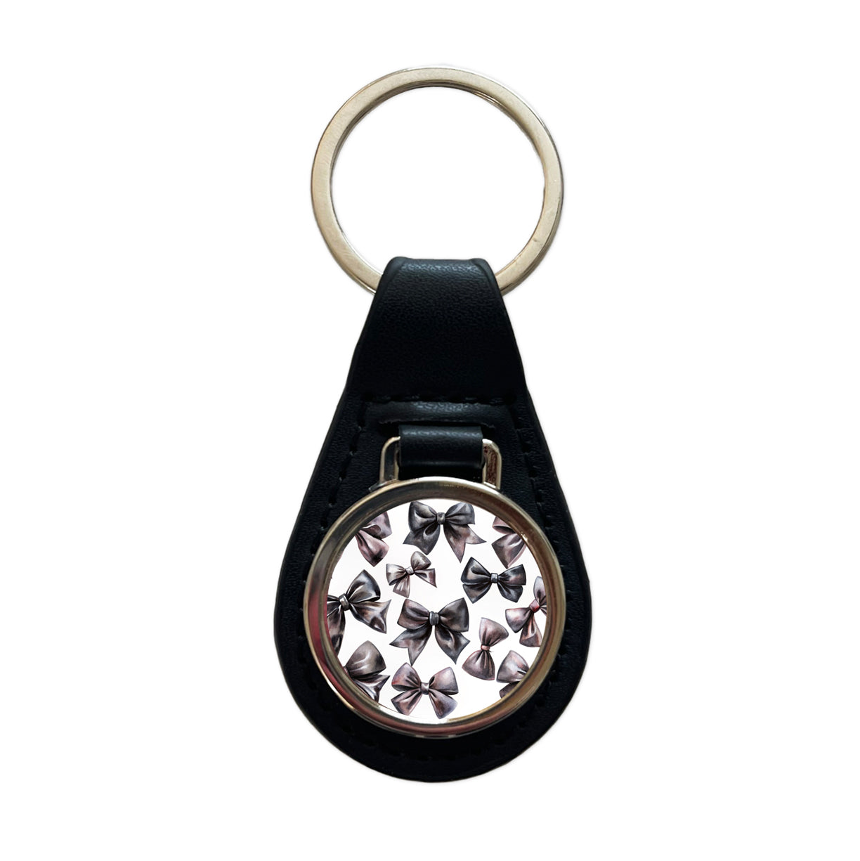 Black Scattered Coquette Bows Watercolor Black Leather Metal Keychain