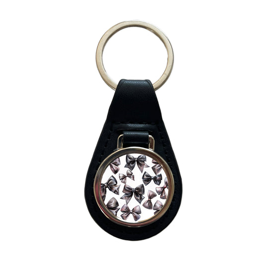 Black Scattered Coquette Bows Watercolor Black Leather Metal Keychain