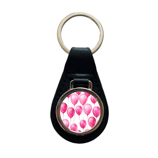Bright Pink Balloons Watercolor Birthday Black Leather Metal Keychain