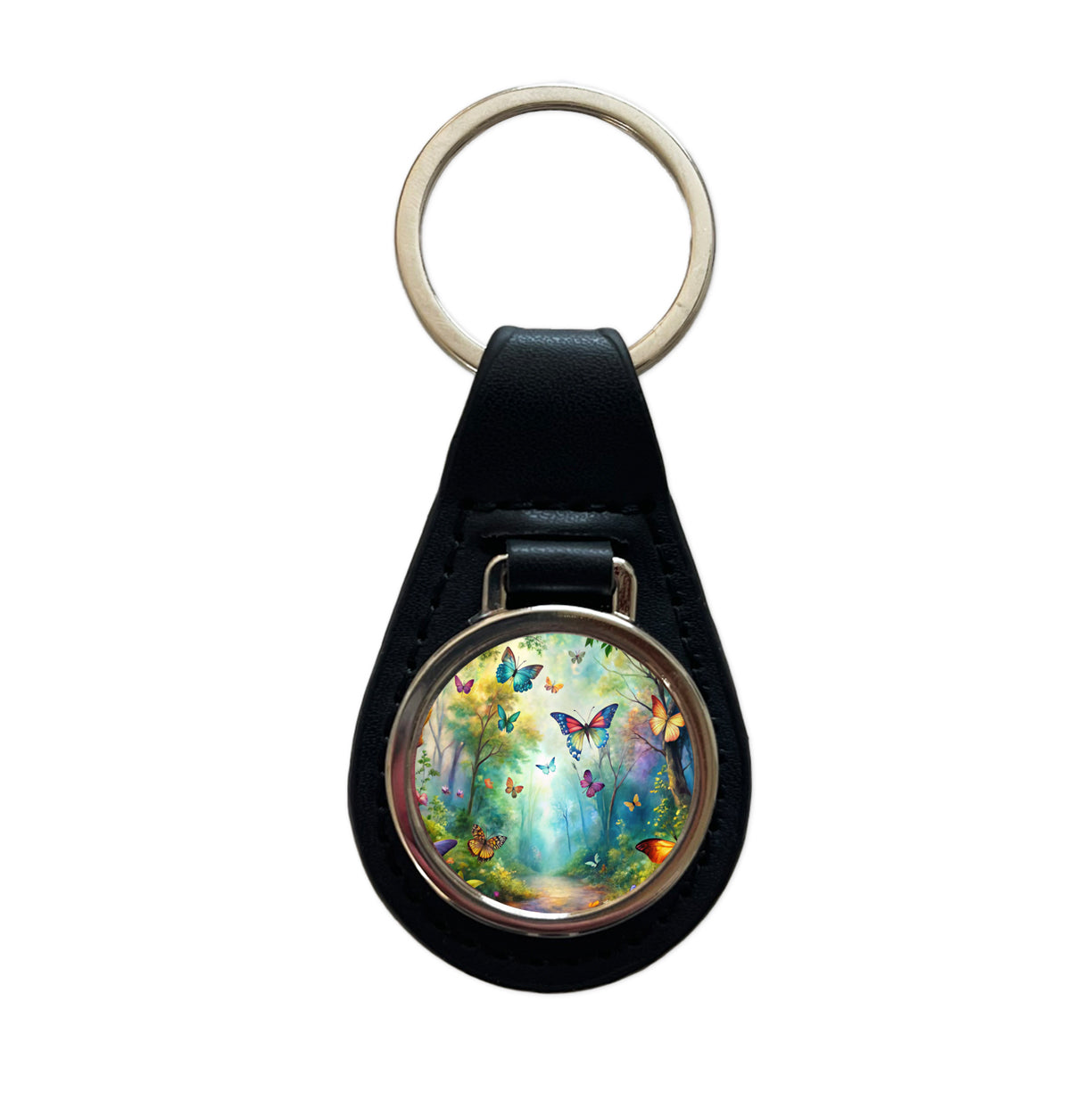 Butterflies Forest Fantasy Watercolor Design Black Leather Metal Keychain