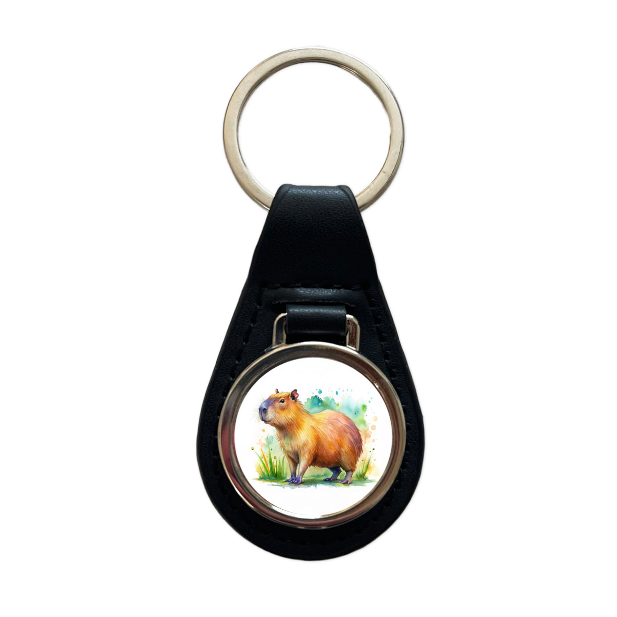 Capybara Watercolor Black Leather Metal Keychain