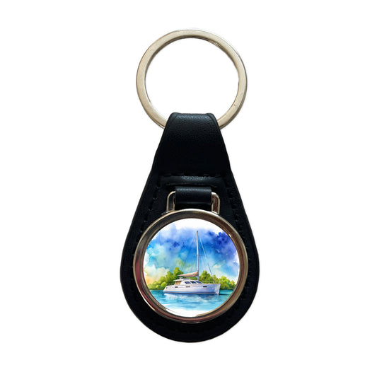 Catamaran At Sea Watercolor Design Black Leather Metal Keychain