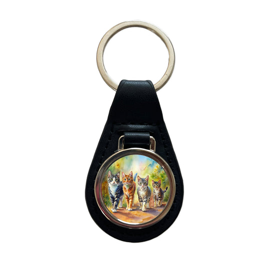 Cats Walking Watercolor Black Leather Metal Keychain