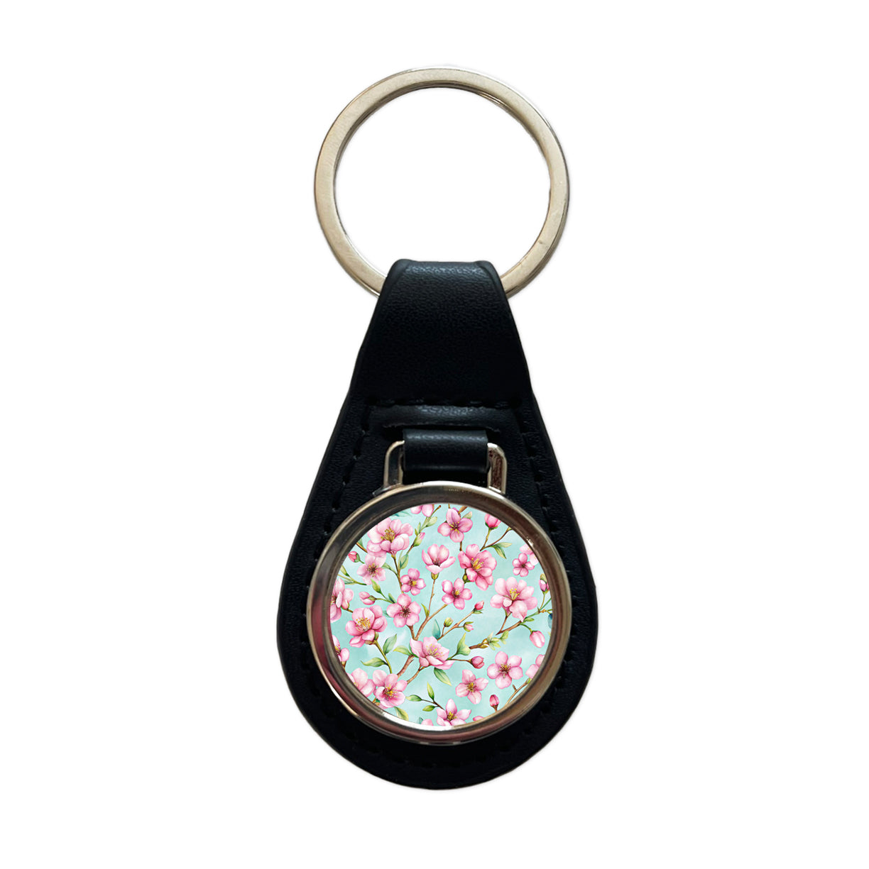 Cherry Blossom Flowers Light Blue Black Leather Metal Keychain