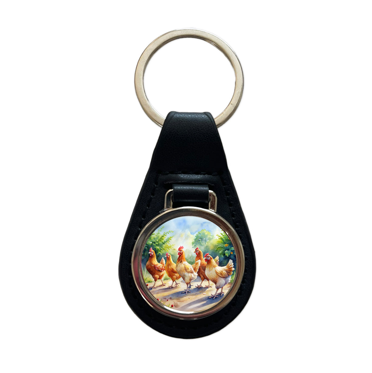 Chickens Walking Around Watercolor Black Leather Metal Keychain