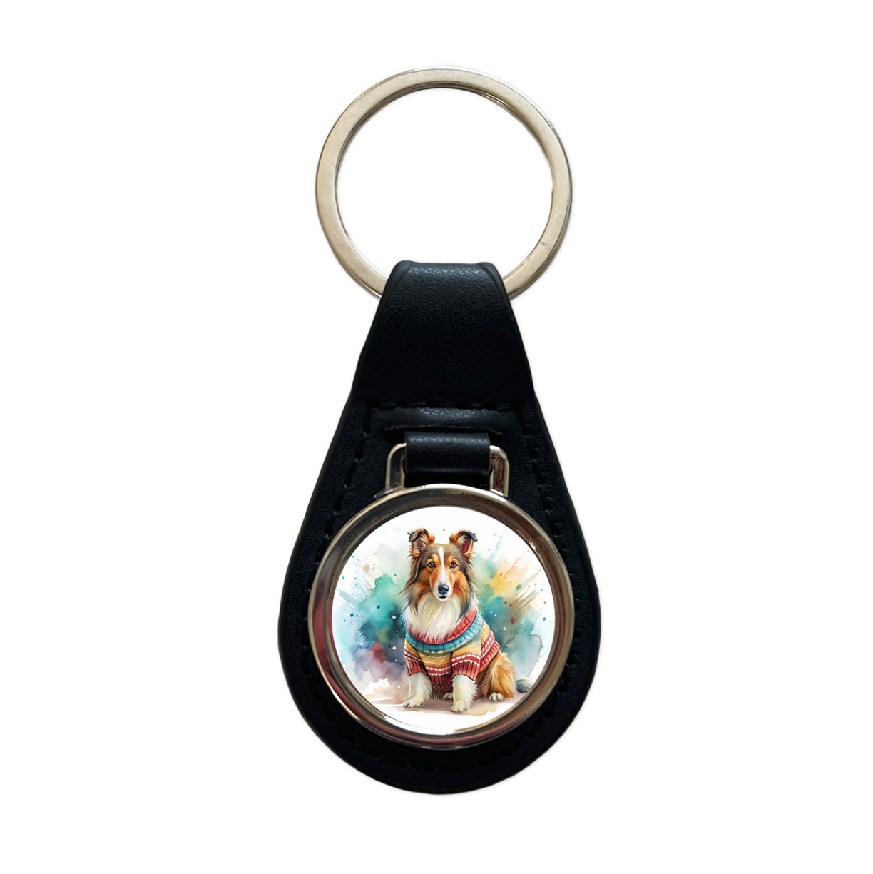 Collie Dog Wearing A Sweater Watercolor Black Leather Metal Keychain