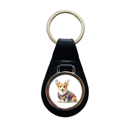Corgi Dog Wearing A Sweater Watercolor Black Leather Metal Keychain
