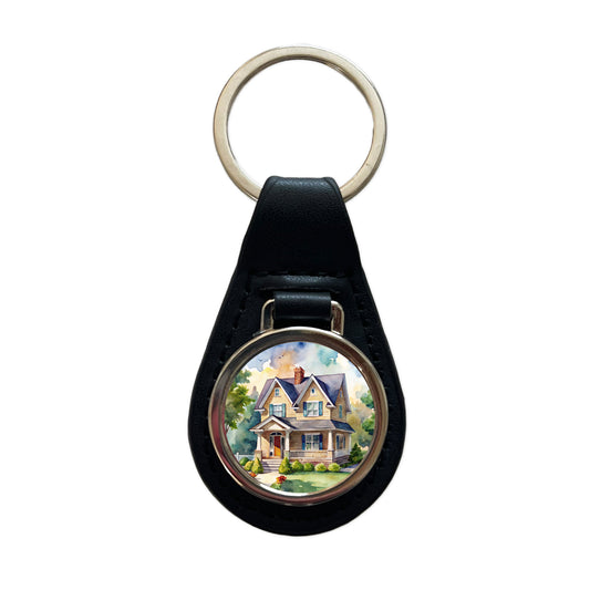 Country Farm House Painting Watercolor Black Leather Metal Keychain
