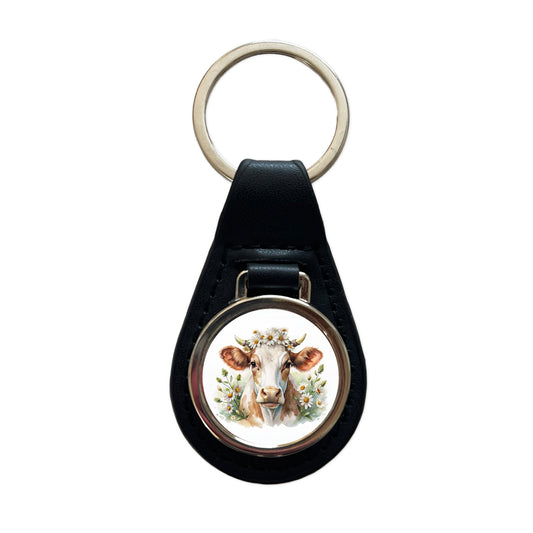 Cow Watercolor With Daisies Black Leather Metal Keychain
