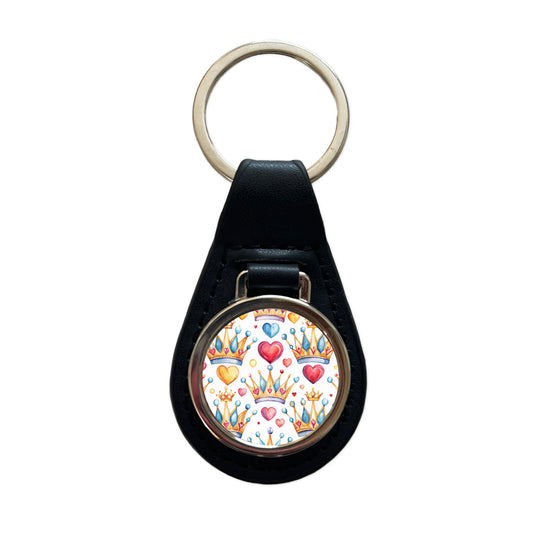 Crowns Royalty Tiaras Hearts Watercolor Black Leather Metal Keychain