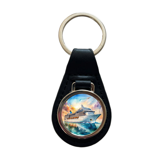 Cruise Ship At Sea Bon Voyage Watercolor Black Leather Metal Keychain