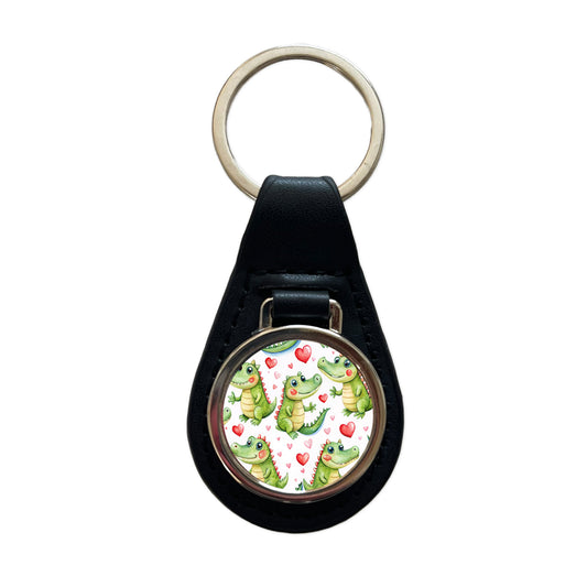Cute Alligator Crocodiles Hearts Watercolor Black Leather Metal Keychain