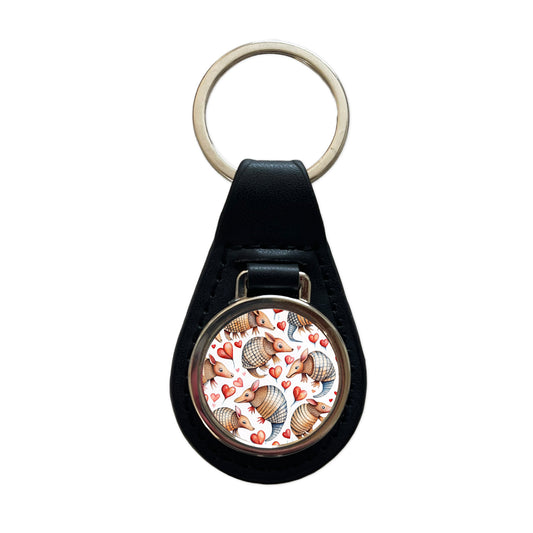 Cute Armadillos Hearts Watercolor Black Leather Metal Keychain