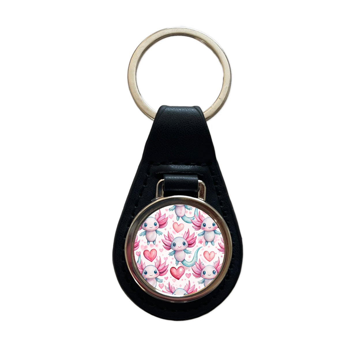 Cute Axolotls Hearts Watercolor Black Leather Metal Keychain