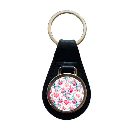 Cute Axolotls Hearts Watercolor Black Leather Metal Keychain