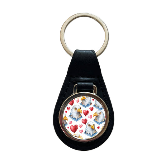 Cute Bald Eagles Hearts Watercolor Black Leather Metal Keychain