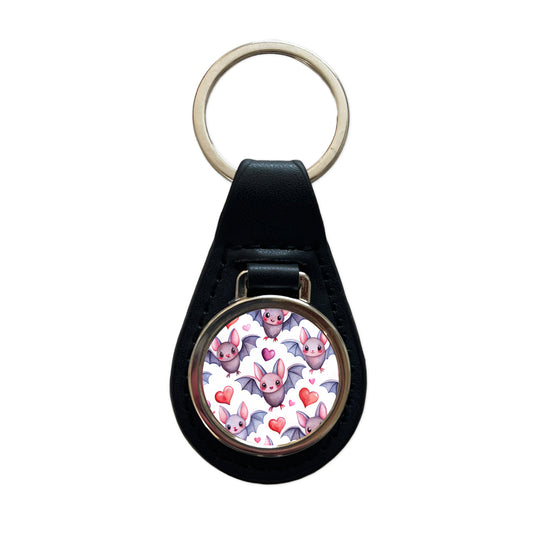 Cute Bats Hearts Watercolor Black Leather Metal Keychain