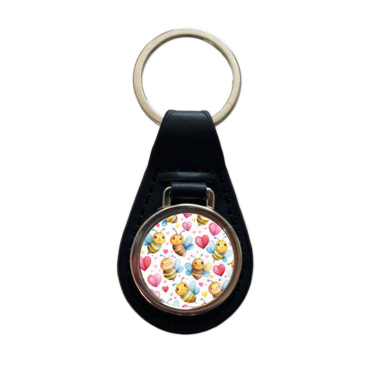 Cute Bees Hearts Watercolor Black Leather Metal Keychain
