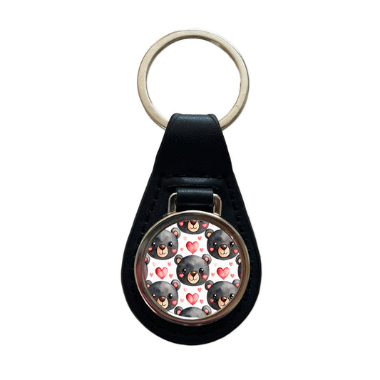 Cute Black Bear Faces Hearts Black Leather Metal Keychain