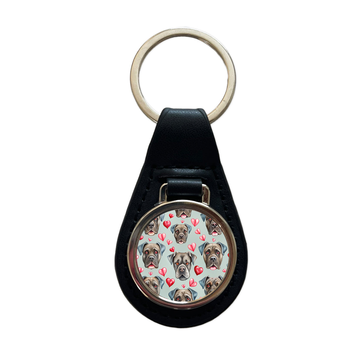 Cute Cane Corso Dog Faces Hearts Black Leather Metal Keychain