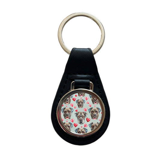 Cute Cane Corso Dog Faces Hearts Black Leather Metal Keychain