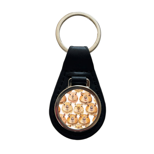 Cute Capybara Faces Watercolor Black Leather Metal Keychain