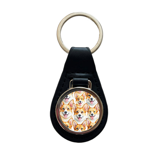 Cute Corgi Dog Faces Watercolor Black Leather Metal Keychain