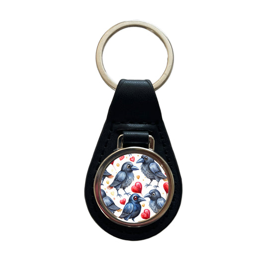 Cute Crows Hearts Watercolor Black Leather Metal Keychain