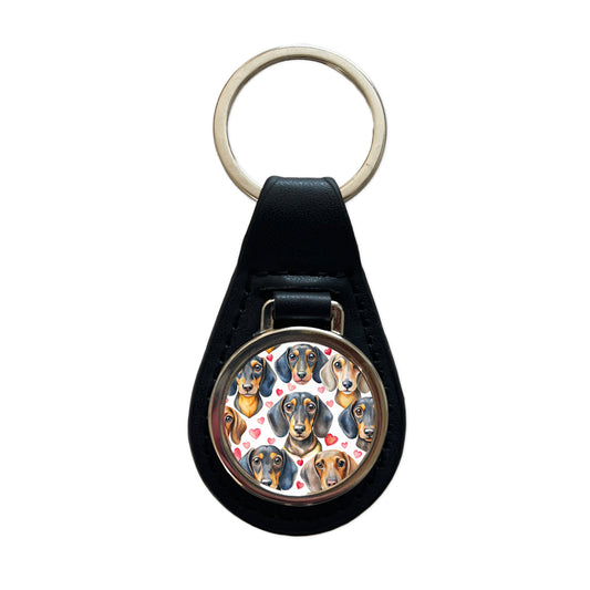 Cute Dachshund Dog Faces Hearts Black Leather Metal Keychain