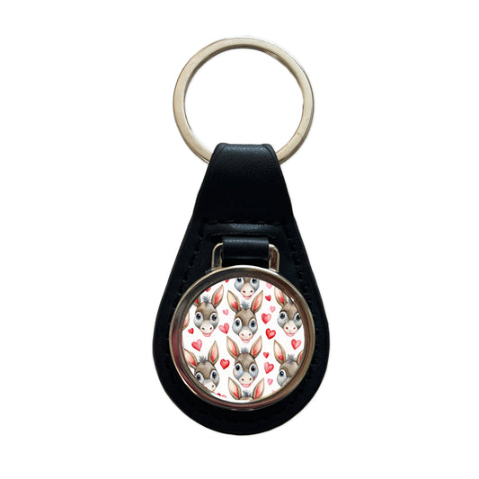 Cute Donkey Faces Hearts Watercolor Black Leather Metal Keychain