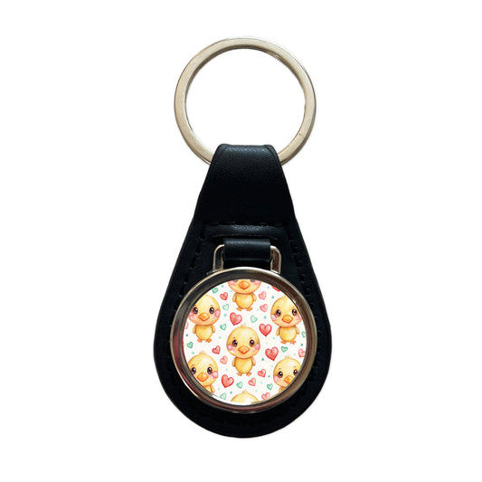 Cute Ducks Hearts Watercolor Black Leather Metal Keychain