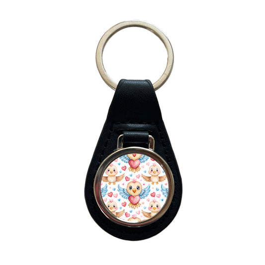 Cute Eagles Hearts Watercolor Black Leather Metal Keychain