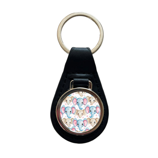 Cute Elephant Faces Watercolor Black Leather Metal Keychain