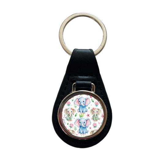 Cute Elephants Hearts Watercolor Black Leather Metal Keychain
