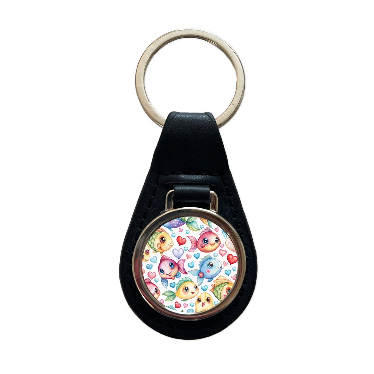 Cute Fish Faces Hearts Watercolor Black Leather Metal Keychain