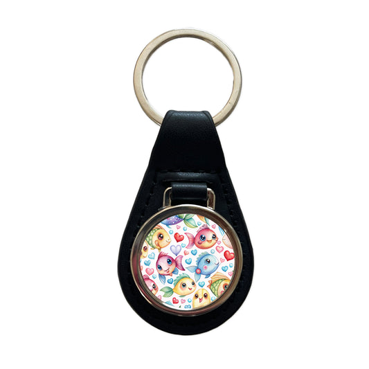Cute Fish Faces Hearts Watercolor Black Leather Metal Keychain