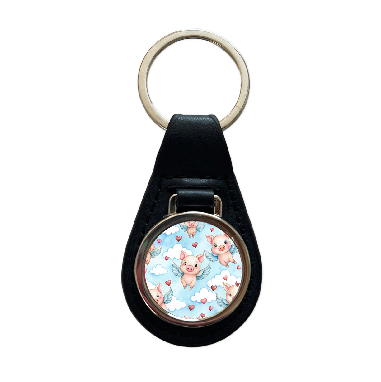 Cute Flying Pigs Hearts Watercolor Black Leather Metal Keychain