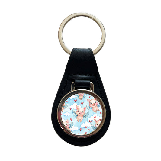 Cute Flying Pigs Hearts Watercolor Black Leather Metal Keychain