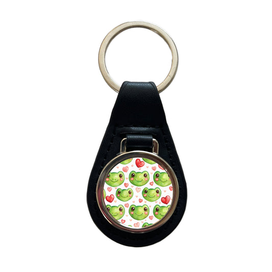 Cute Frog Faces Hearts Watercolor Black Leather Metal Keychain