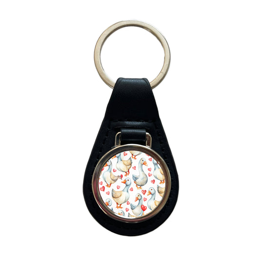 Cute Geese Hearts Watercolor Black Leather Metal Keychain