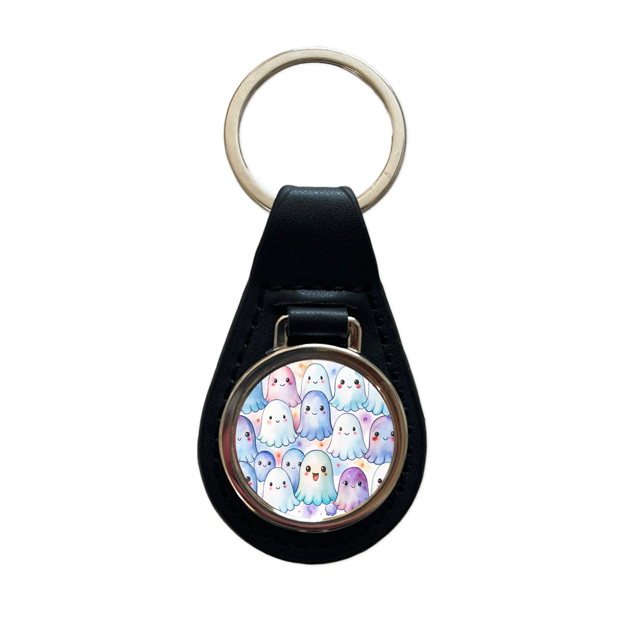 Cute Ghosts Watercolor Black Leather Metal Keychain