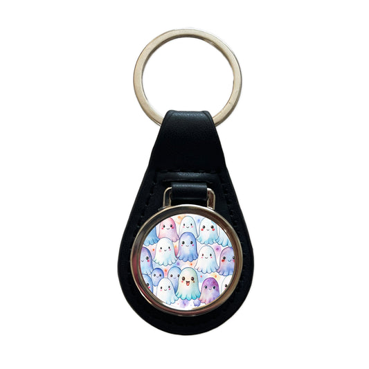 Cute Ghosts Watercolor Black Leather Metal Keychain