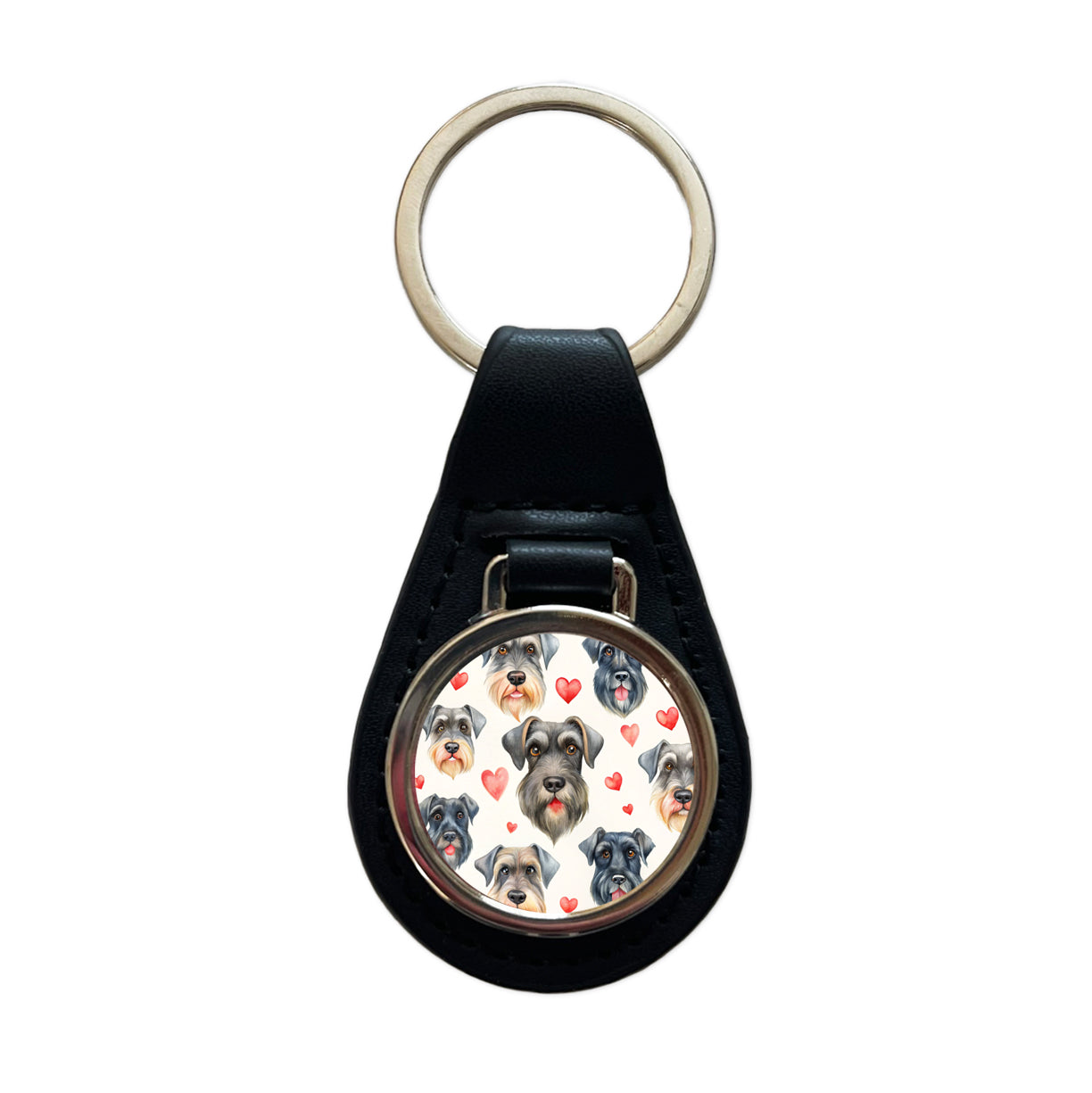 Cute Giant Schnauzer Dog Faces Hearts Black Leather Metal Keychain